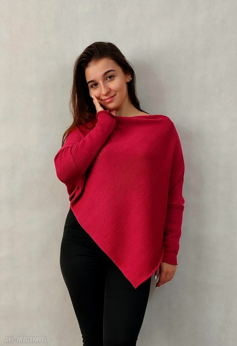 Różowe ponczo-sweter z rękawami - handmade dzianina