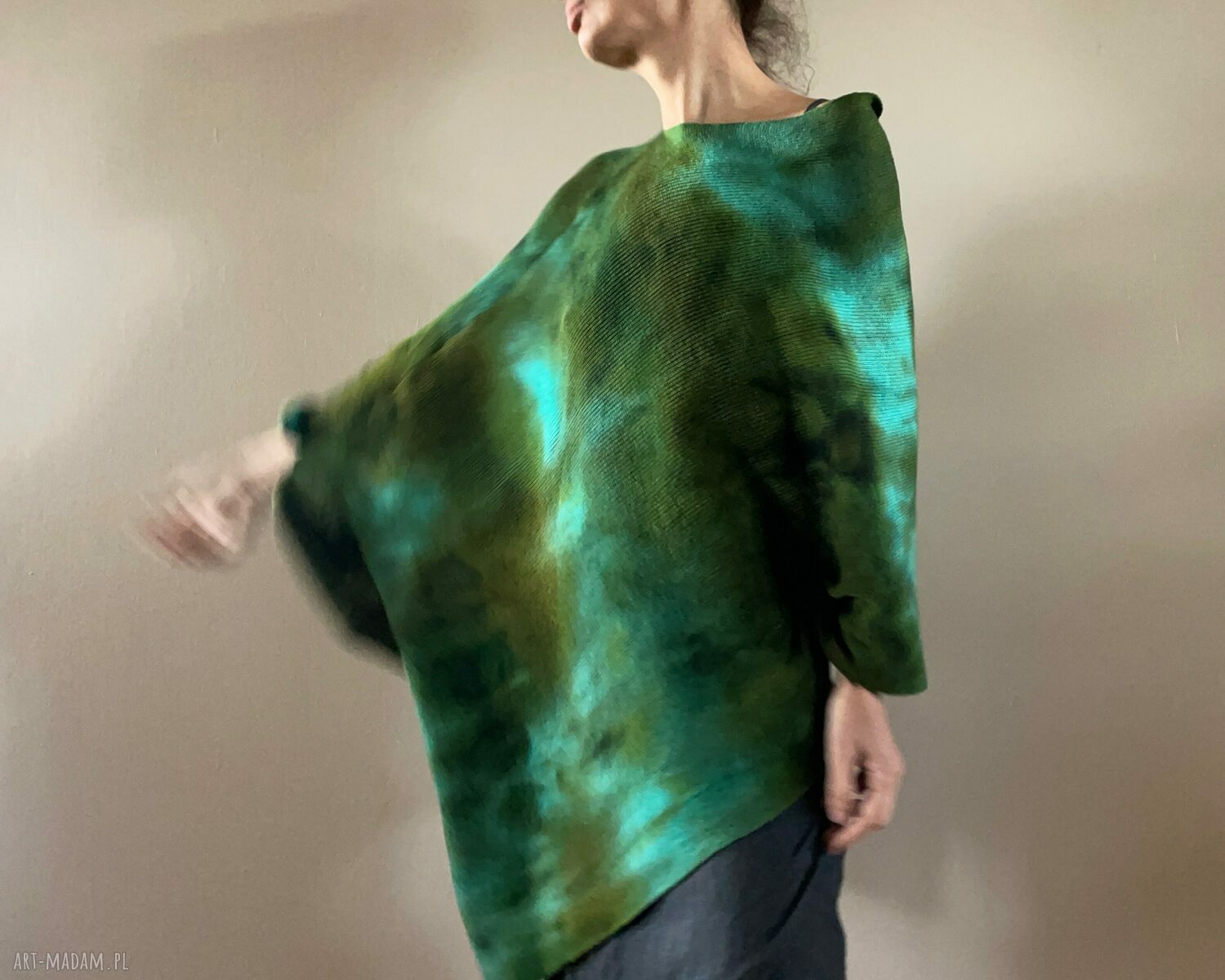 Zielone ponczo z merynosów - narzutka tunika 100% merino