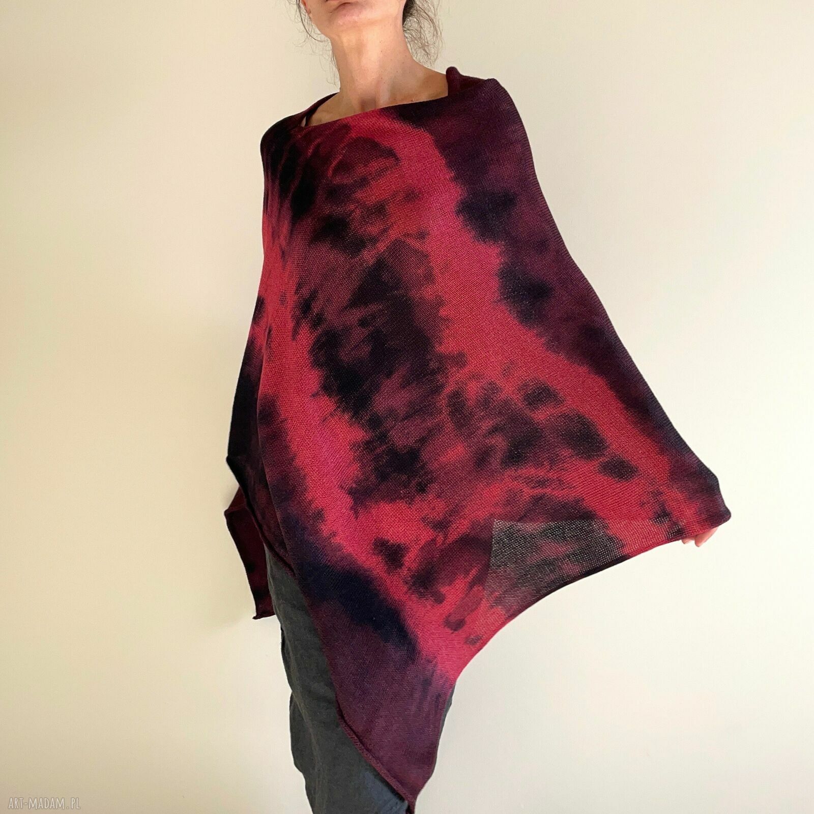 Ponczo z wełny merino red & wine - ręcznie barwione narzutka