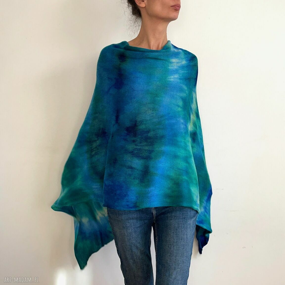 Ciepłe ponczo z wełny merino szmaragd&blue (oversize)