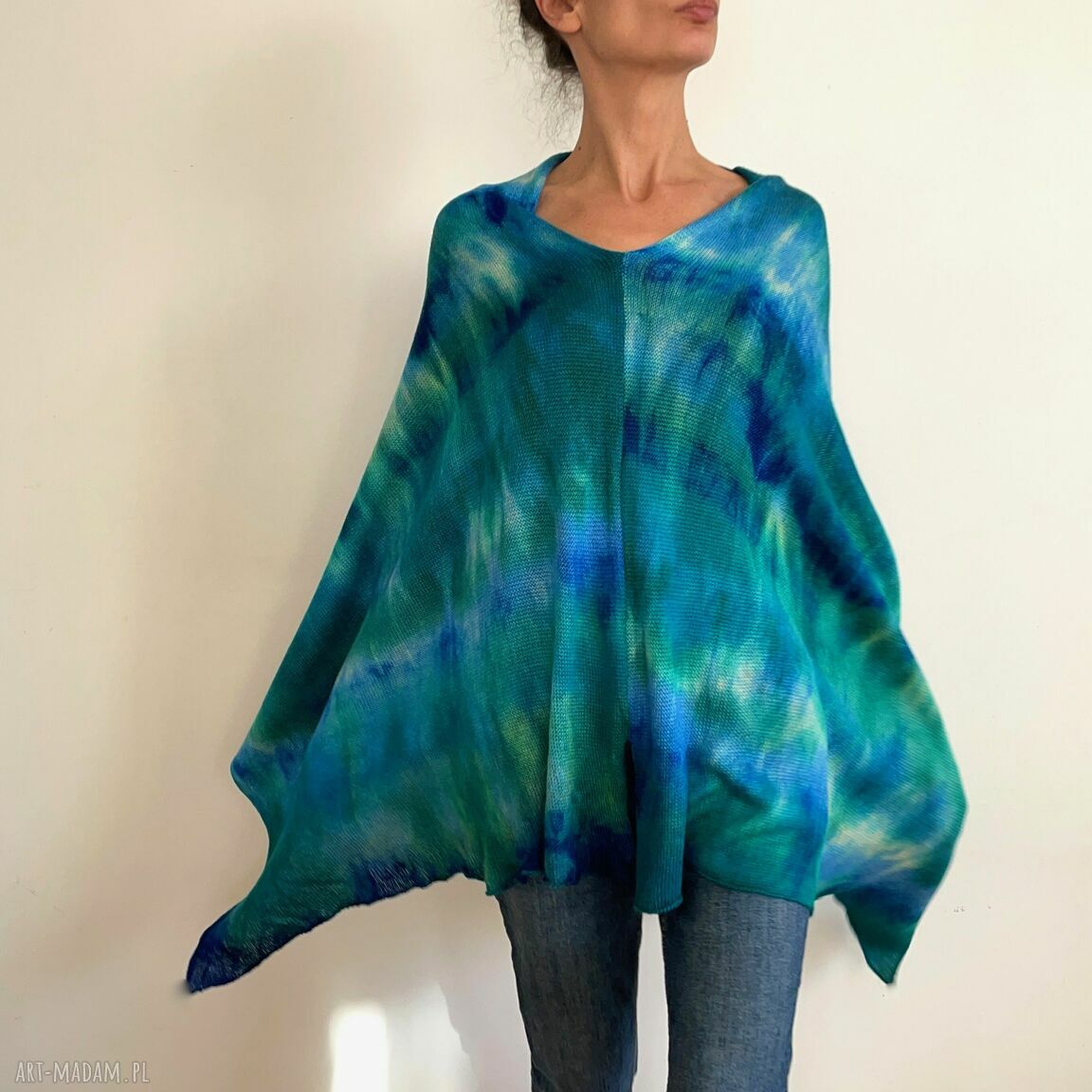 Ciepłe ponczo z wełny merino szmaragd&blue (oversize)