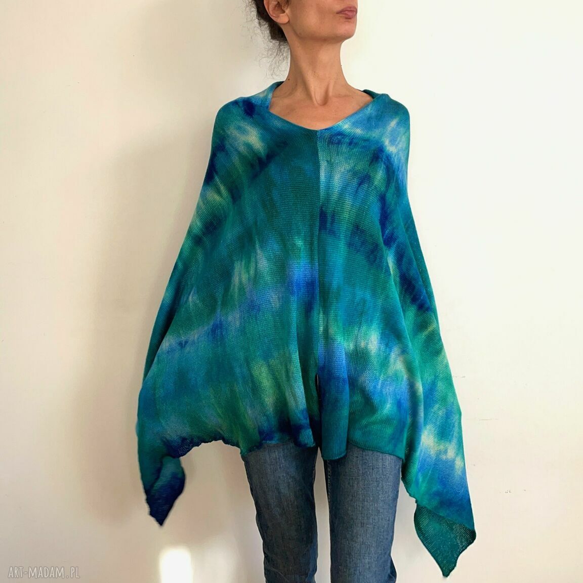 Ciepłe ponczo z wełny merino szmaragd&blue (oversize)