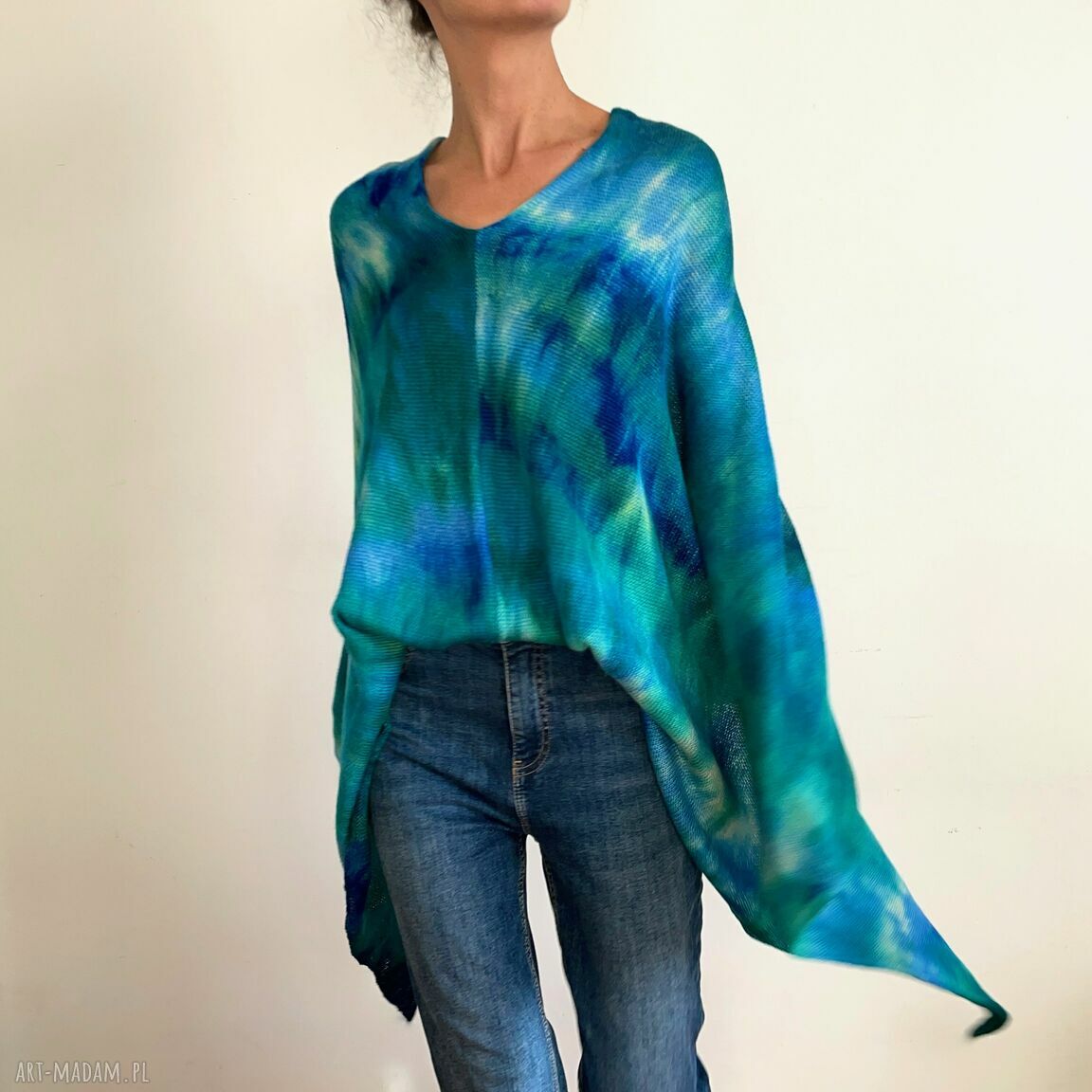 Ciepłe ponczo z wełny merino szmaragd&blue (oversize)