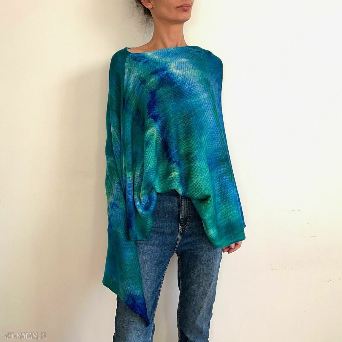 Ciepłe ponczo z wełny merino szmaragd&blue (oversize)