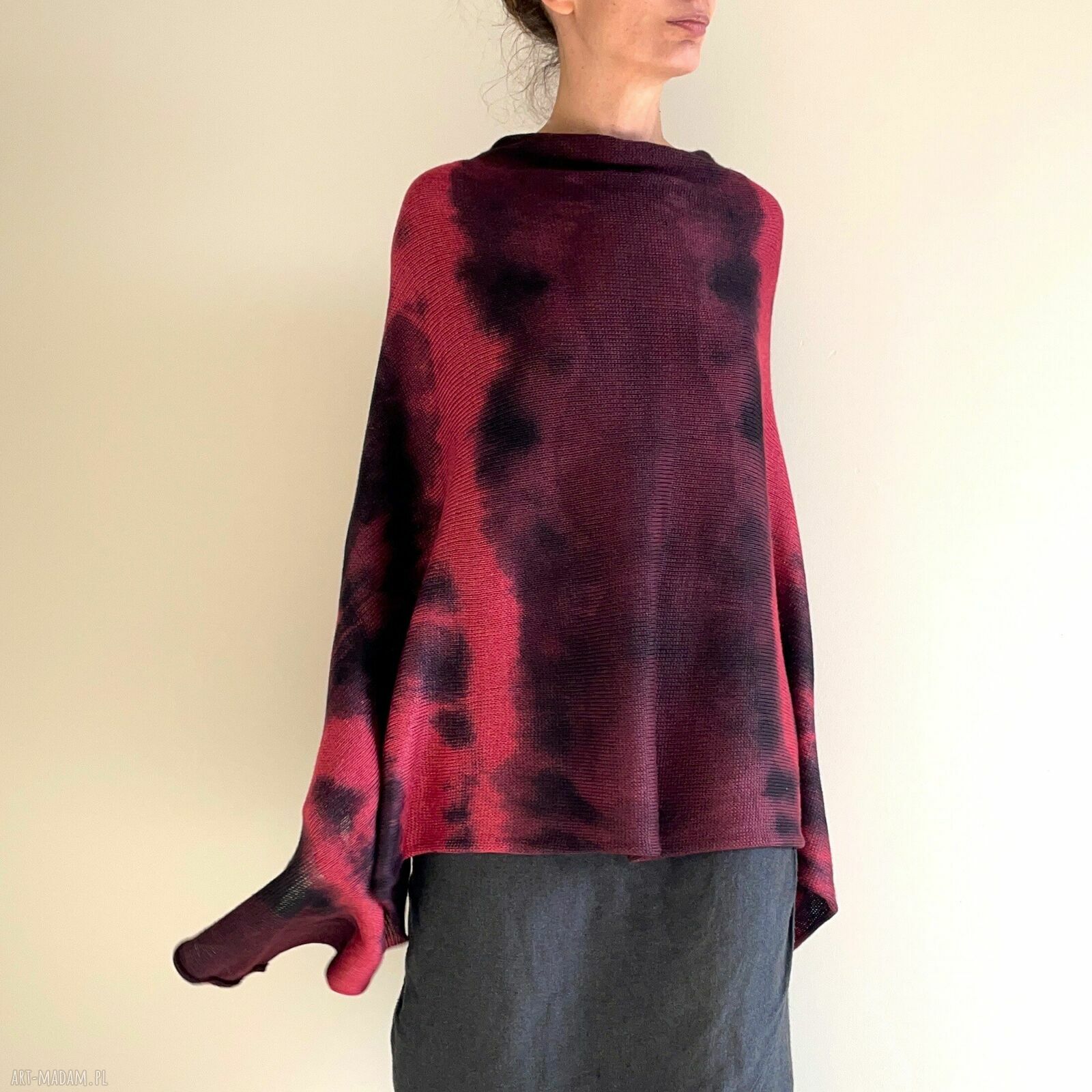 Ponczo z wełny merino red & wine - ręcznie barwione narzutka