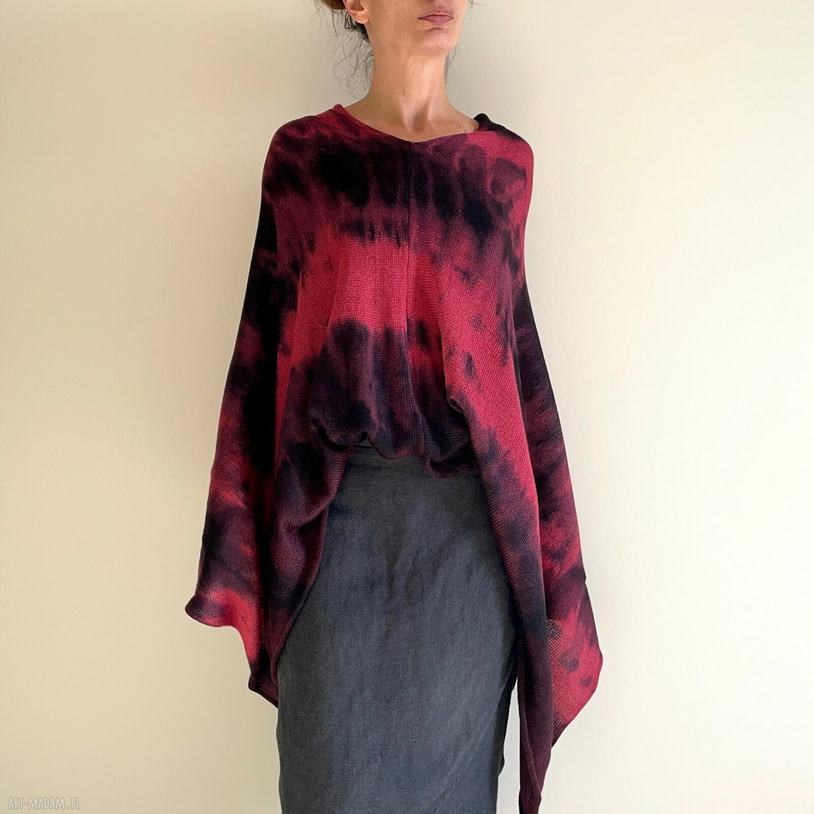 Ponczo z wełny merino red & wine - ręcznie barwione narzutka