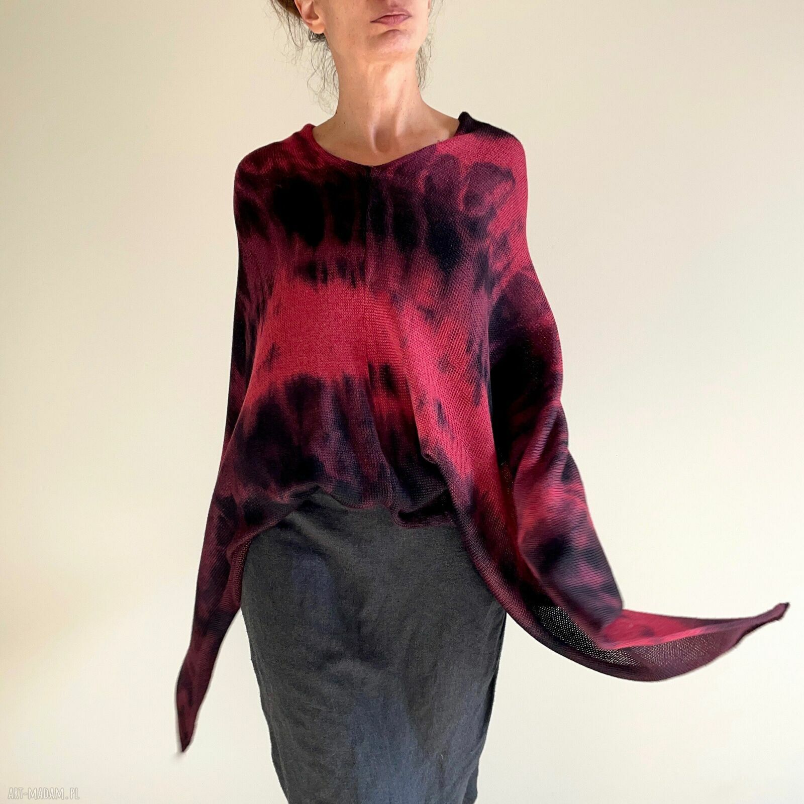 Ponczo z wełny merino red & wine - ręcznie barwione narzutka