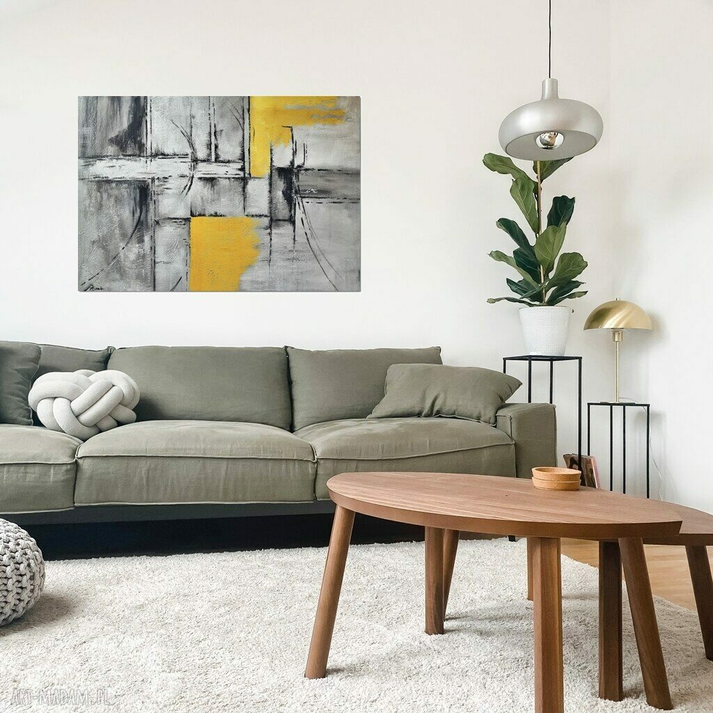 Abstrakcja Popiel i Żółć 2 - ręcznie malowany obraz akrylowy na płótnie 100 x 70 cm dla Twojego wnętrza