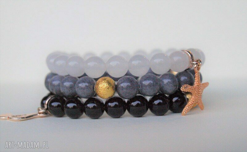Popielaty marmur - elegancka bransoletka ręcznie robiona 8 mm ze złotymi matowymi kulkami