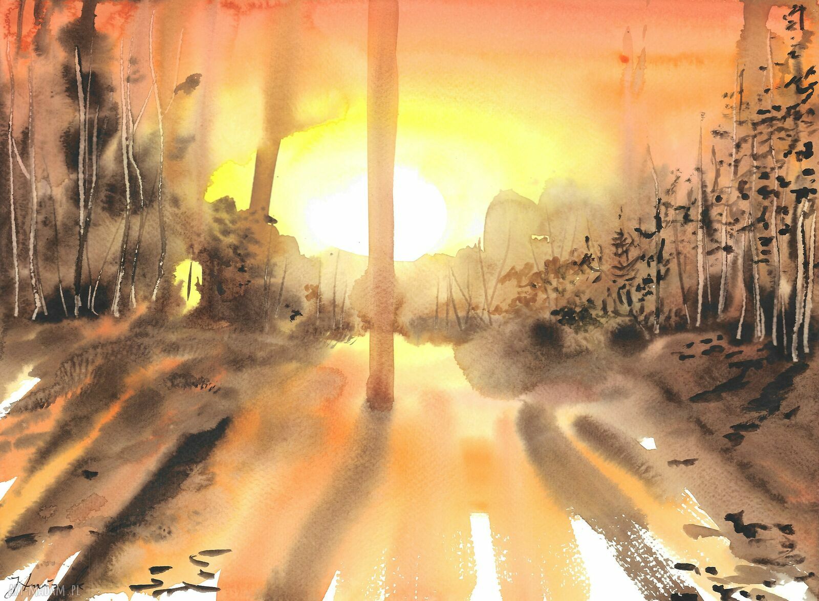 Akwarela "Popołudnie" 40x30 - las w ciepłych barwach słońca