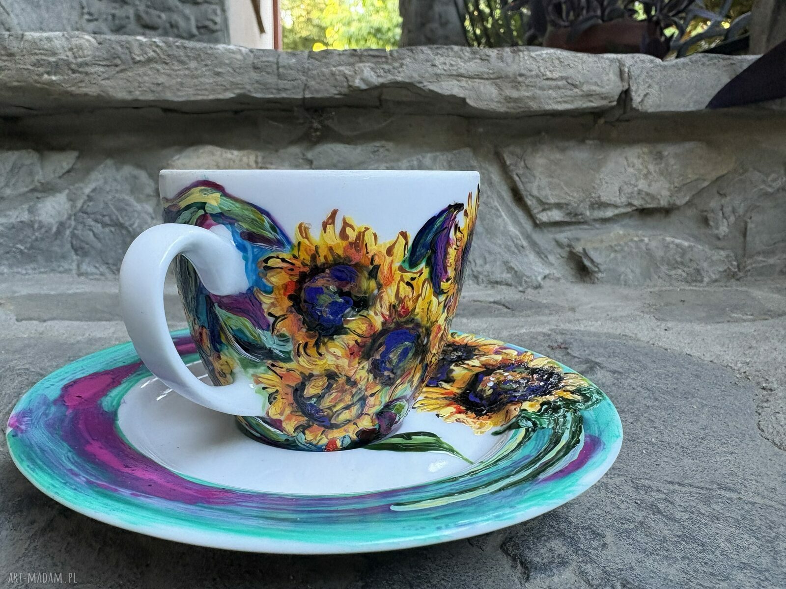 Filiżanka porcelanowa 200 ml ze spodkiem - Słoneczniki malowane ręcznie