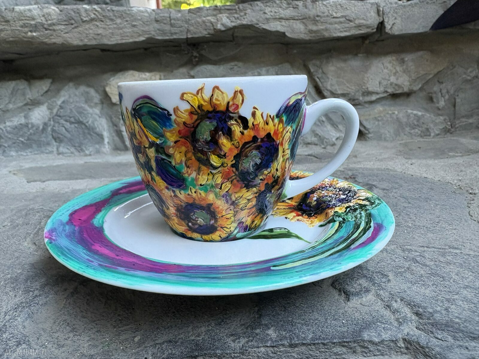 Filiżanka porcelanowa 200 ml ze spodkiem - Słoneczniki malowane ręcznie