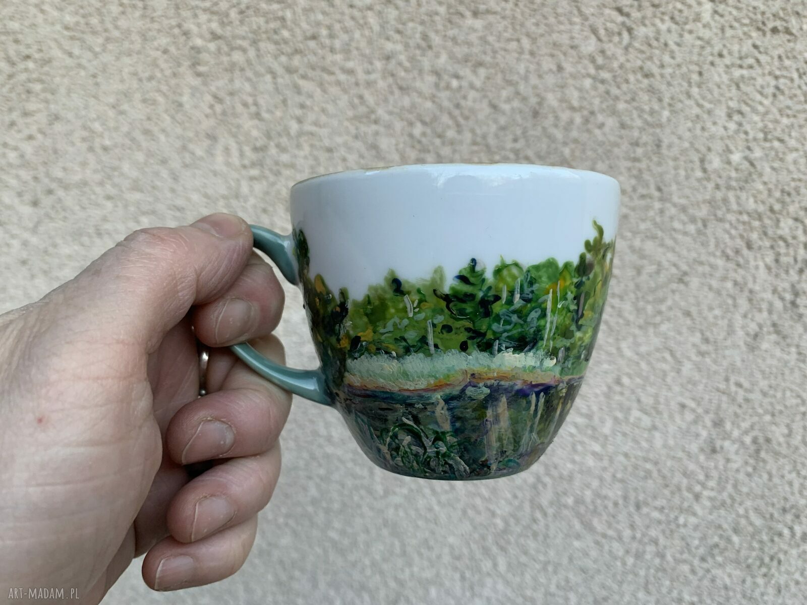 Porcelanowa filiżanka ze spodkiem ręcznie malowana - Leśny pejzaż