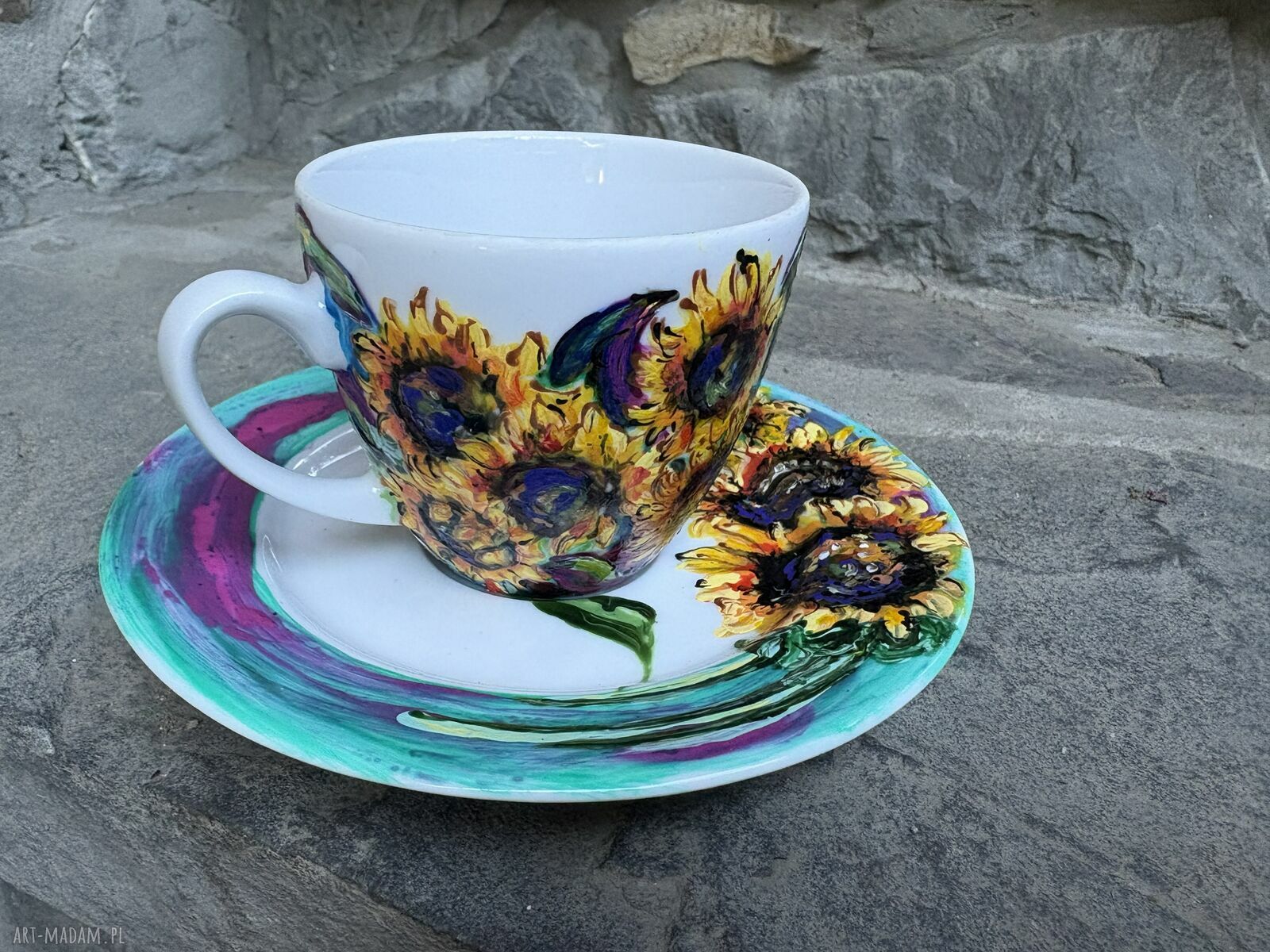 Filiżanka porcelanowa 200 ml ze spodkiem - Słoneczniki malowane ręcznie
