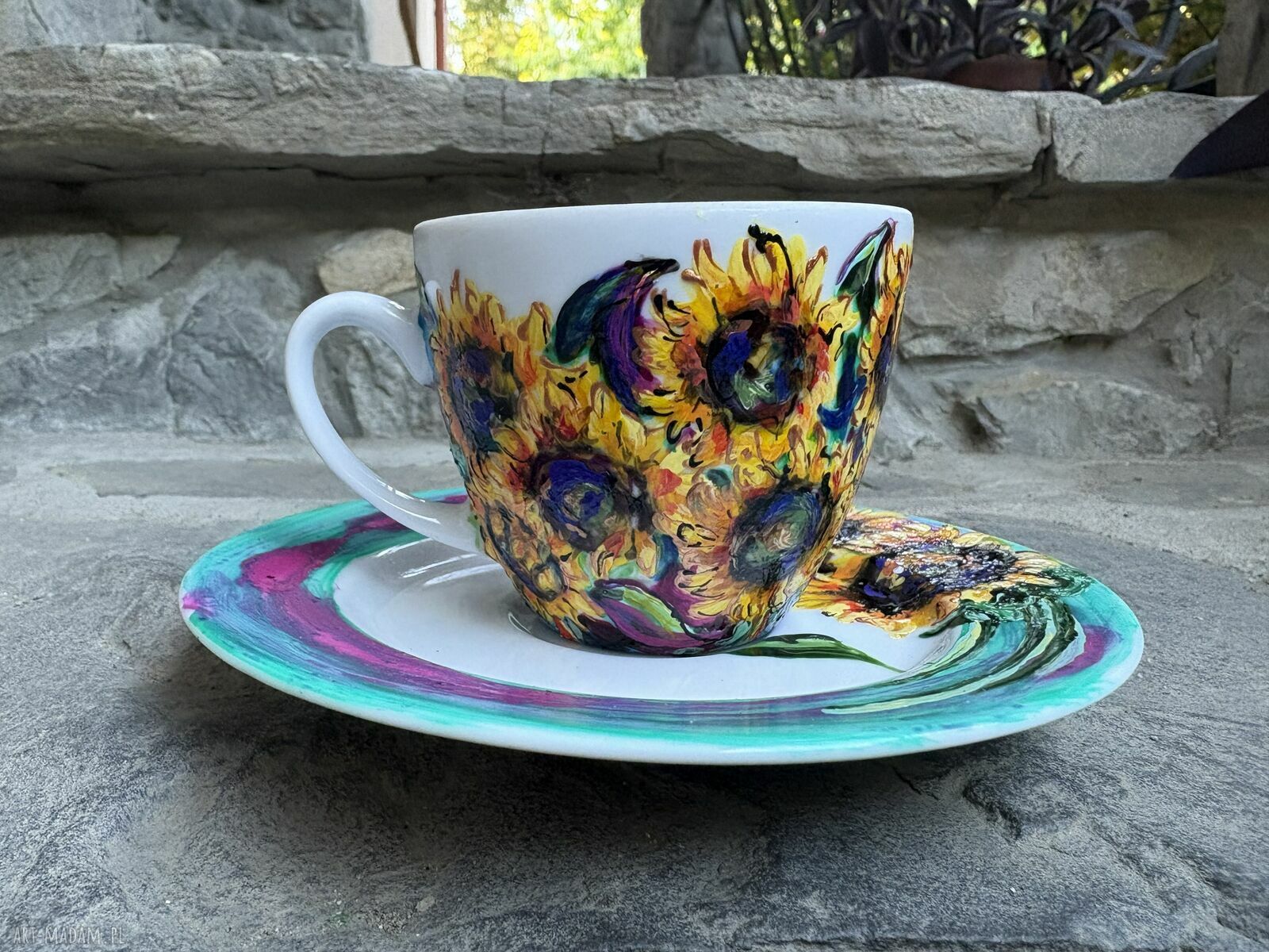 Filiżanka porcelanowa 200 ml ze spodkiem - Słoneczniki malowane ręcznie