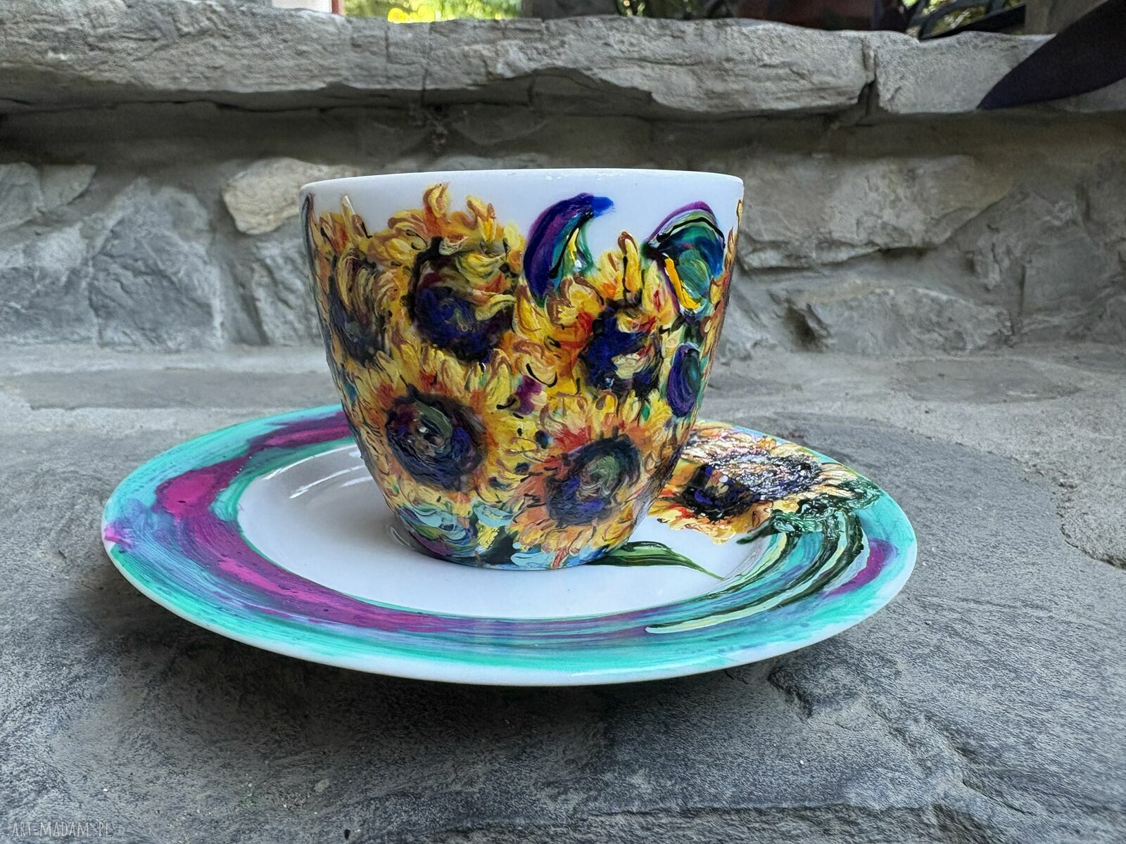 Filiżanka porcelanowa 200 ml ze spodkiem - Słoneczniki malowane ręcznie