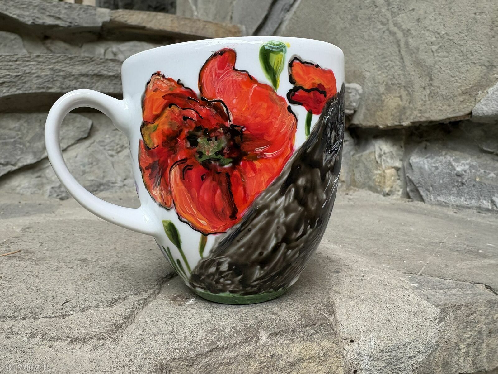 Porcelanowy kubek ręcznie malowany Koty i kwiaty (300 ml)