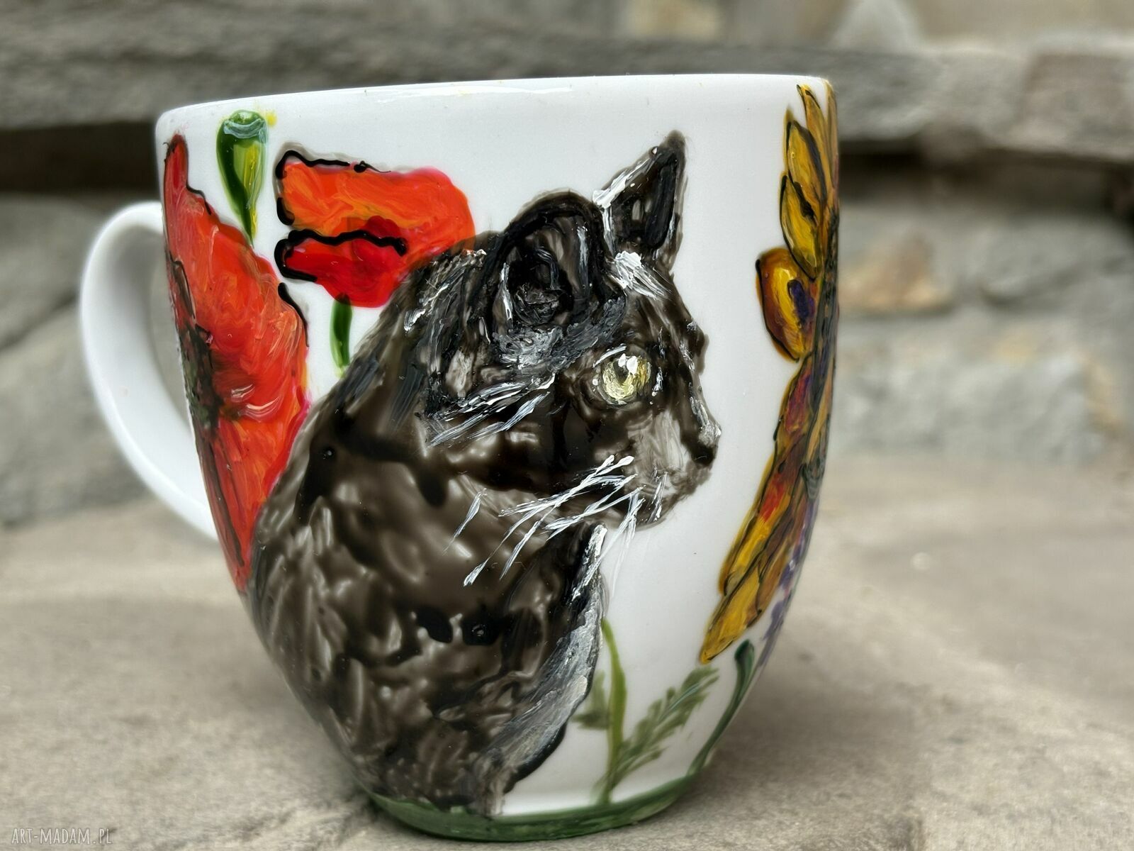 Porcelanowy kubek ręcznie malowany Koty i kwiaty (300 ml)