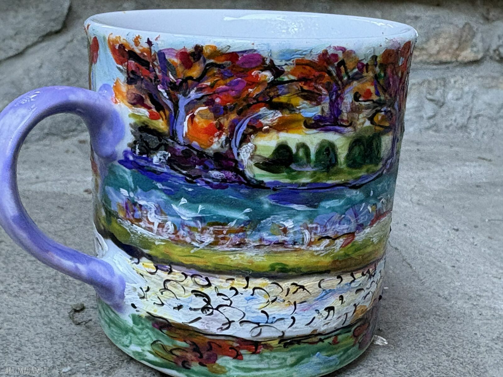 Porcelanowy kubek ręcznie malowany - Jesień w parku