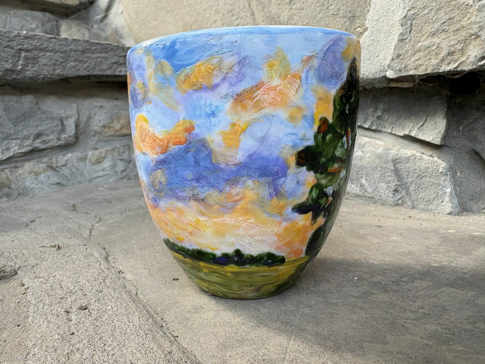 Porcelanowy kubek ręcznie malowany Las wieczorem - 300 ml