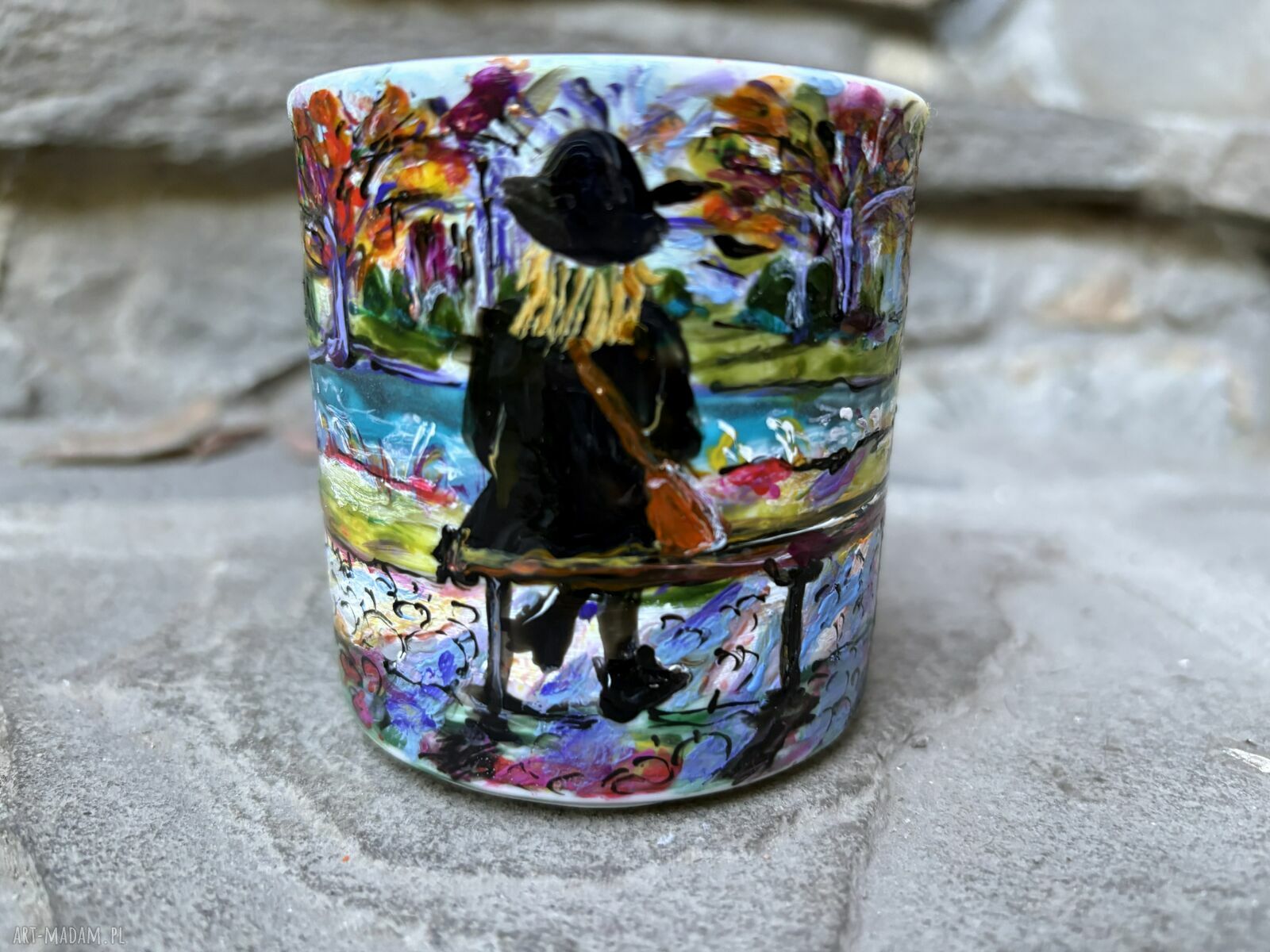 Porcelanowy kubek ręcznie malowany - Jesień w parku