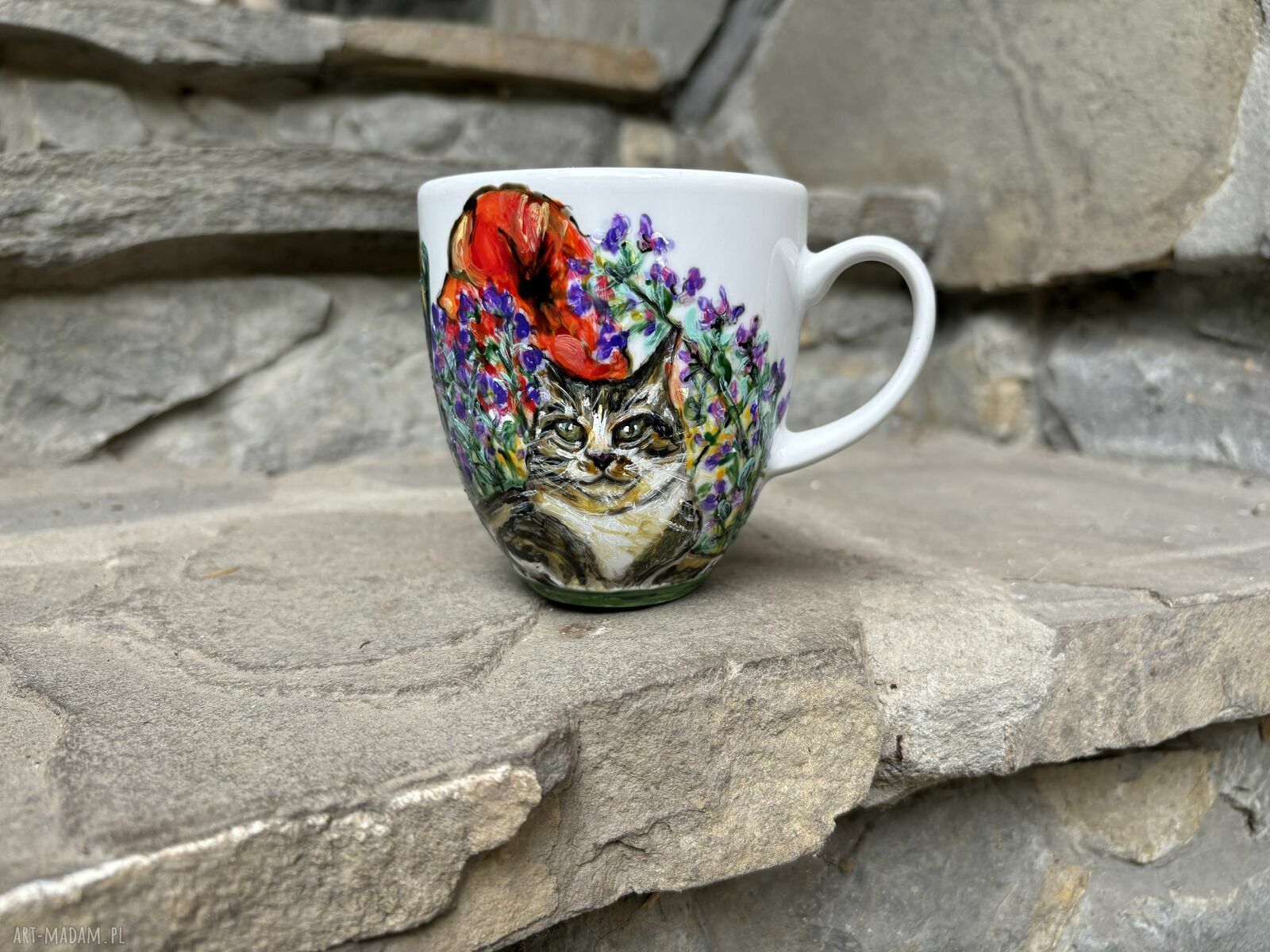 Porcelanowy kubek ręcznie malowany Koty i kwiaty (300 ml)