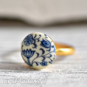 porcelanowy pierścionek, złoty, złoto niebieski, porcelana