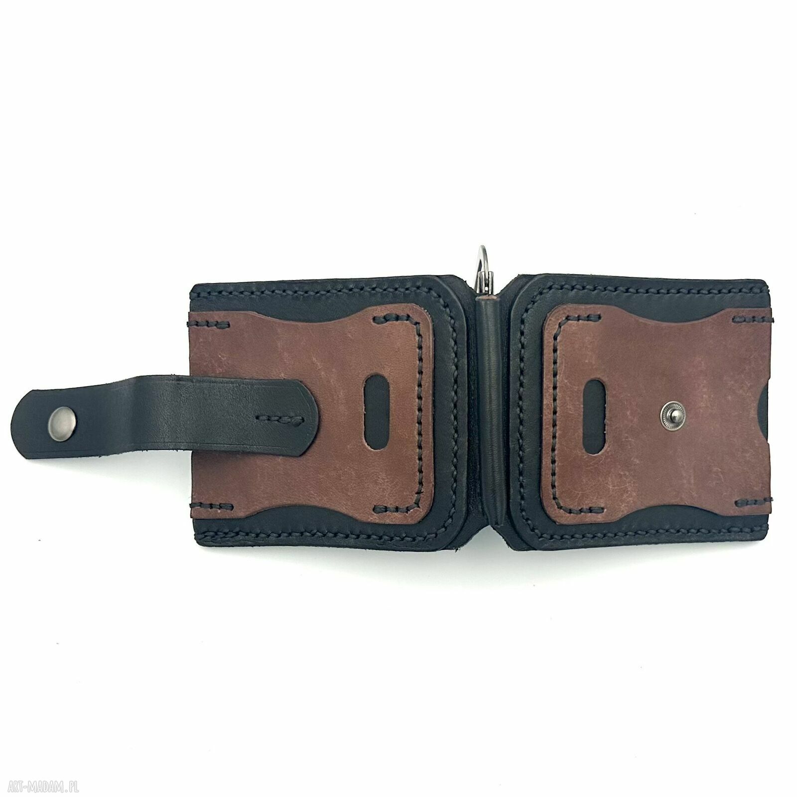 portfele: Portfel czarno brązowy ze skóry ręcznie uszyty. Handmade