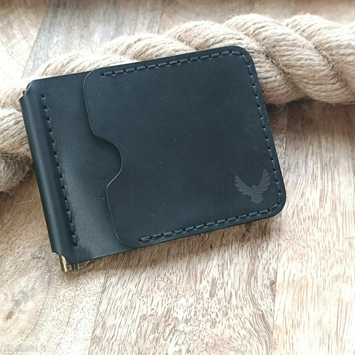 Czarny portfel banknotówka z klipsem i skórzany handmade - z grawerem