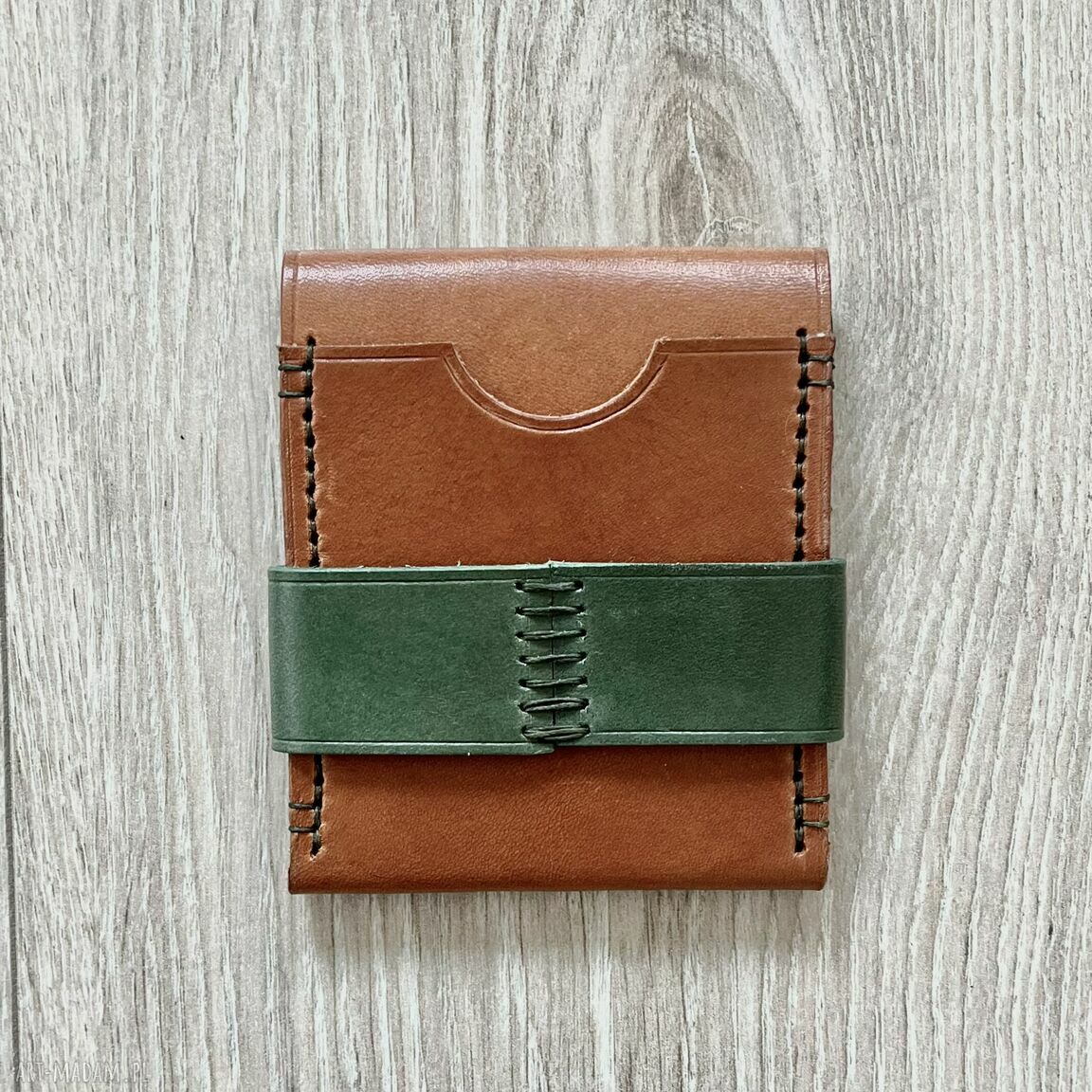 portfele: Portfel brązowo zielony na karty wykonany ze skóry ręcznie uszyty. Handmade