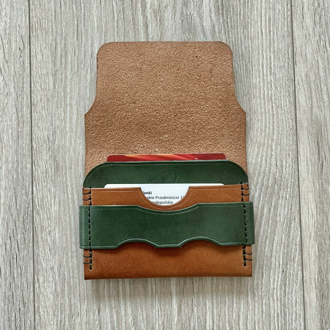portfele: Portfel brązowo zielony ze skóry na karty ręcznie uszyty. Handmade