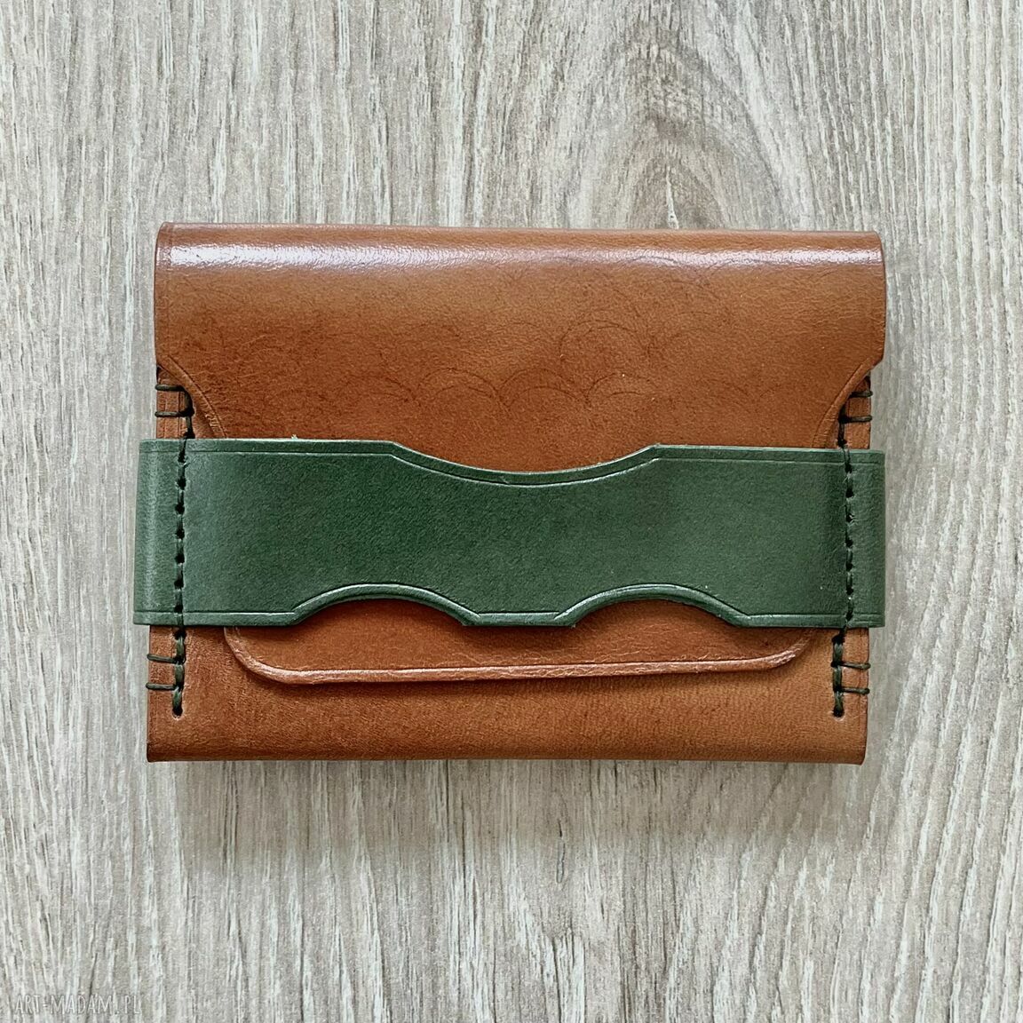 Portfel brązowo zielony skóry karty ręcznie uszyty