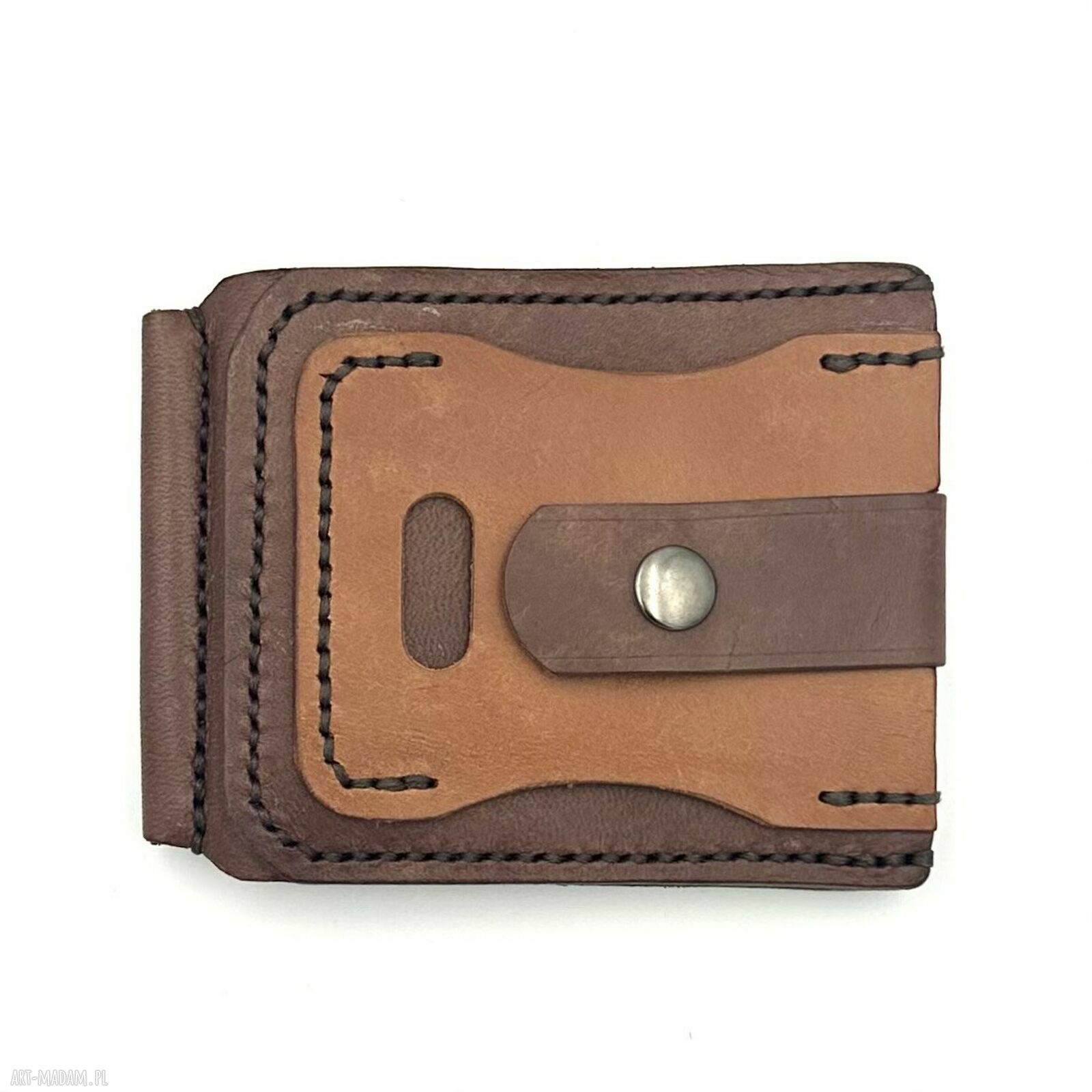 Portfel brązowy skóry ręcznie uszyty klips męski karty prezent