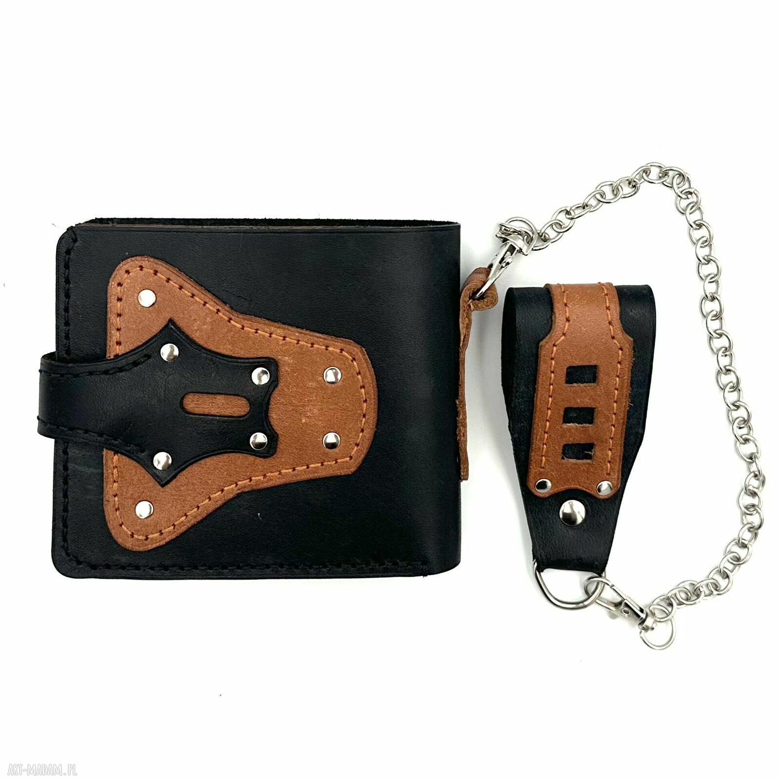 portfele: Portfel czarno brązowy skórzany z łańcuszkiem do paska. Handmade