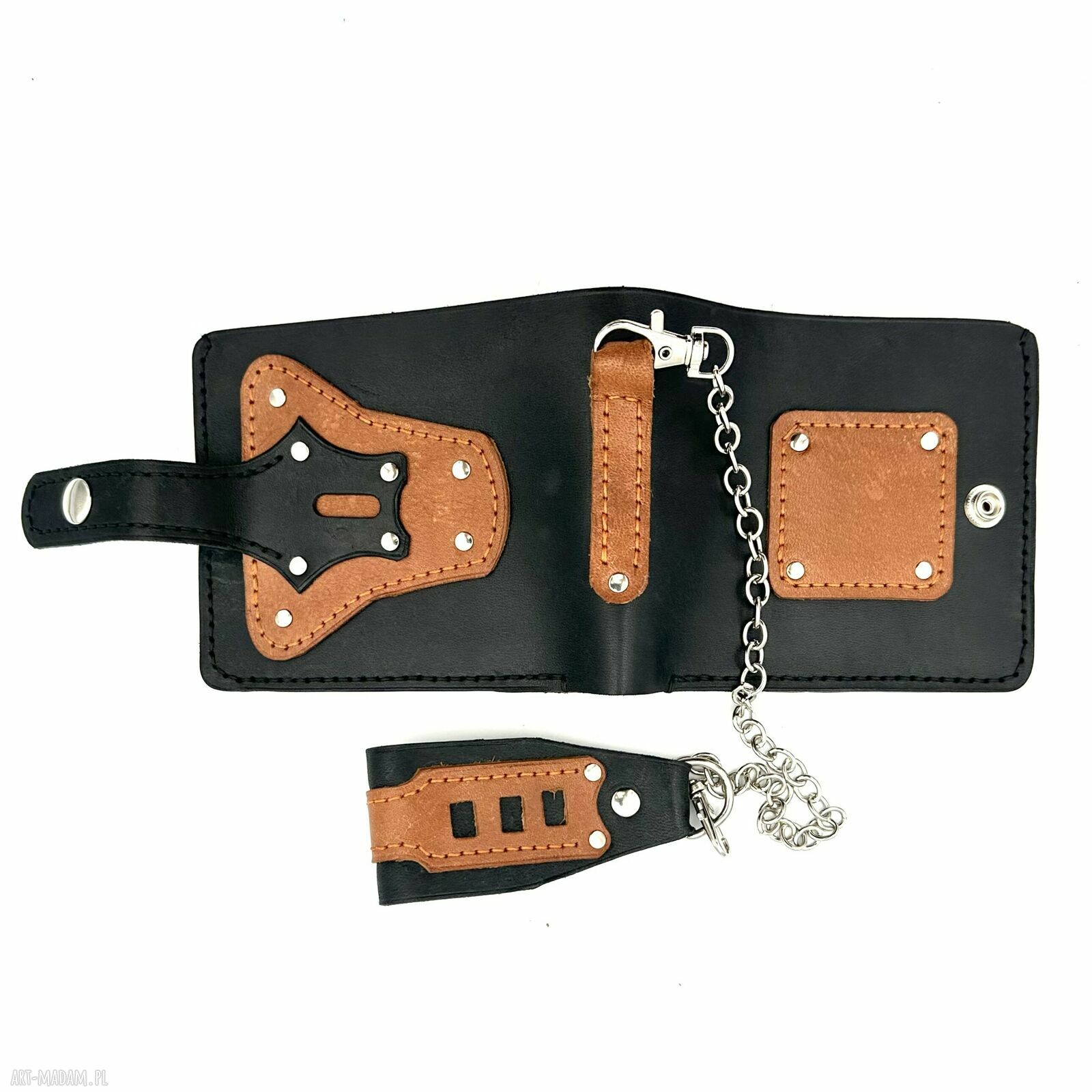 portfele: Portfel czarno brązowy skórzany z łańcuszkiem do paska. Handmade