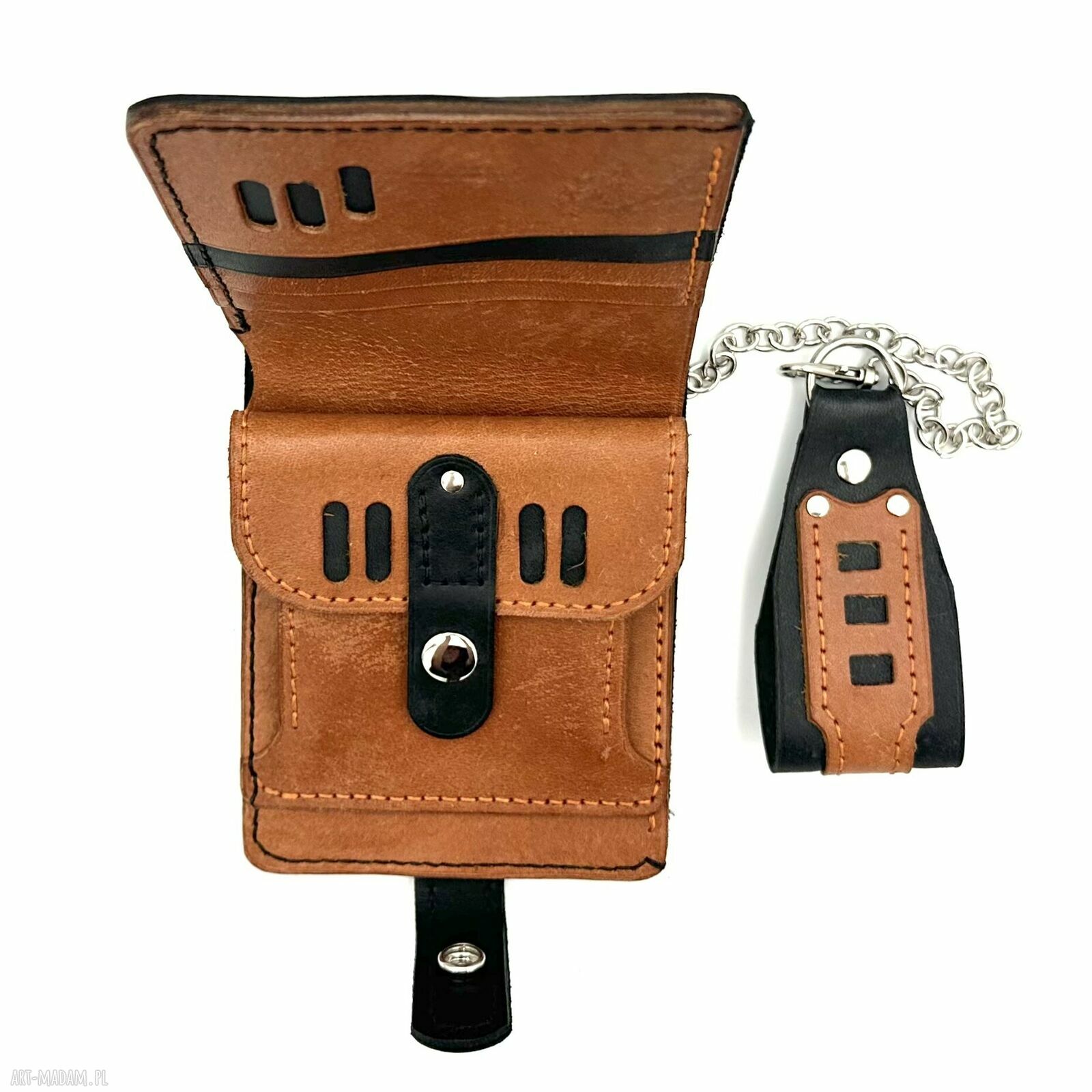 portfele: Portfel czarno brązowy skórzany z łańcuszkiem do paska. Handmade