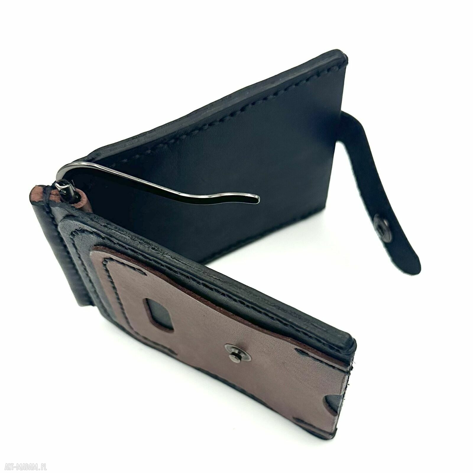 portfele: Portfel czarno brązowy ze skóry ręcznie uszyty. Handmade
