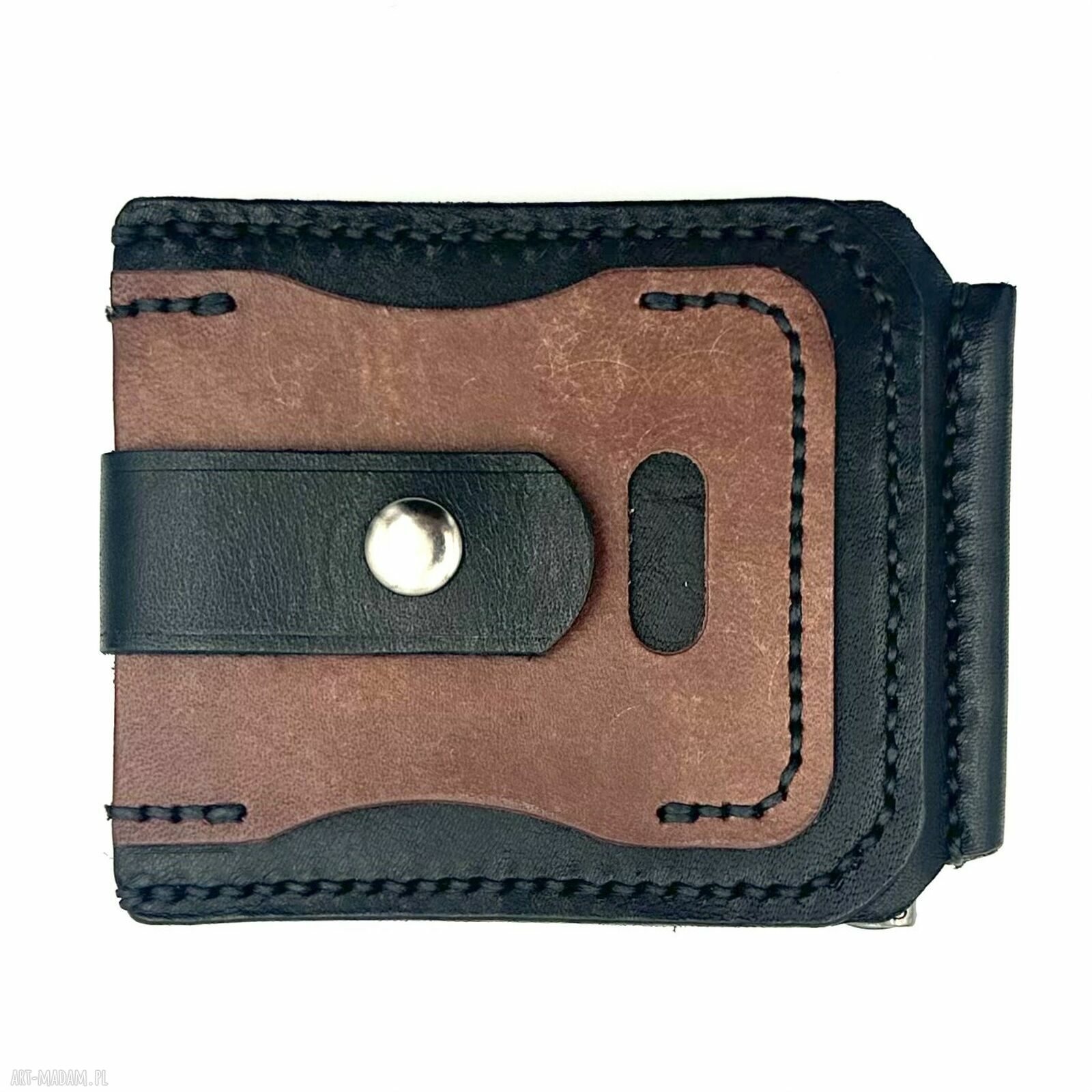 Portfel czarno brązowy skóry ręcznie uszyty męski portfe klips