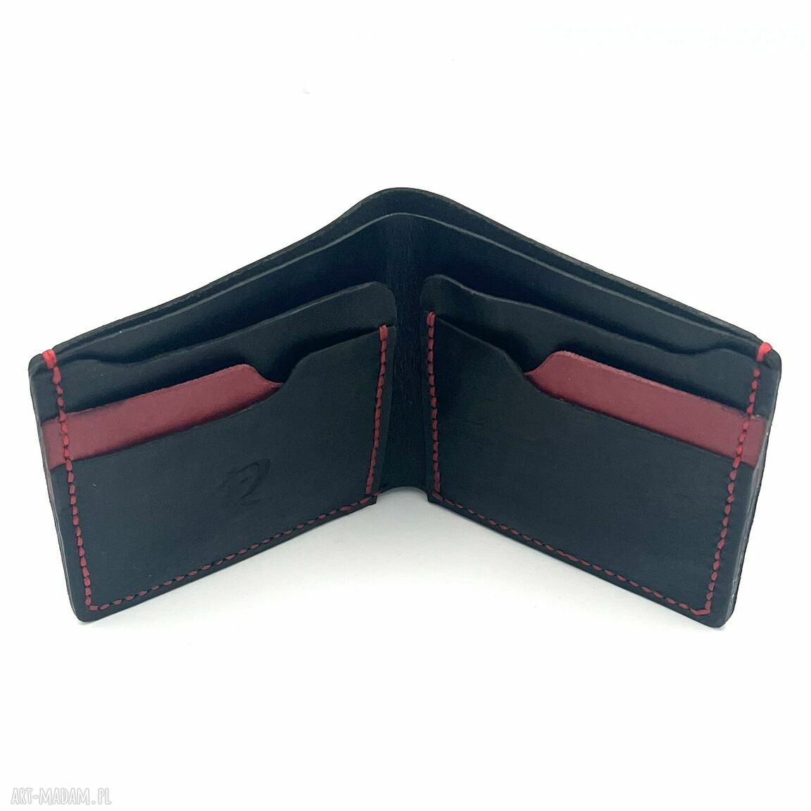 Portfel czarno czerwony karty banknoty skóry ręcznie uszyty