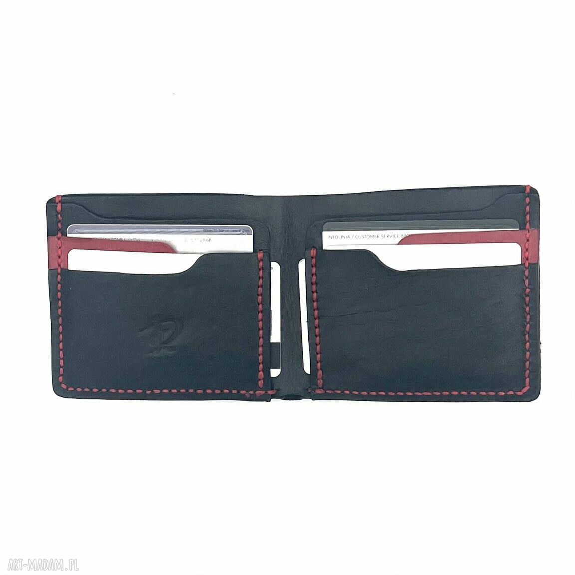 portfele: Portfel czarno czerwony na karty i banknoty ze skóry uszyty. ręcznie