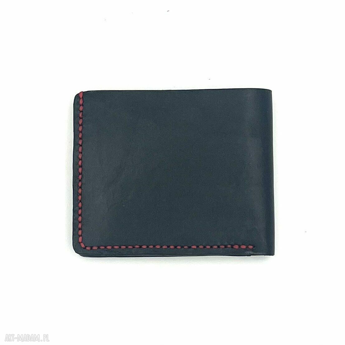 portfele: Portfel czarno czerwony na karty i banknoty ze skóry uszyty. ręcznie