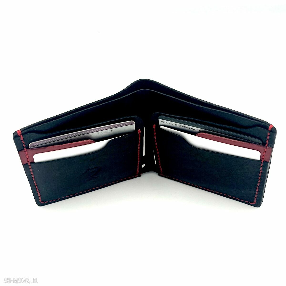 portfele: Portfel czarno czerwony na karty i banknoty ze skóry uszyty. ręcznie