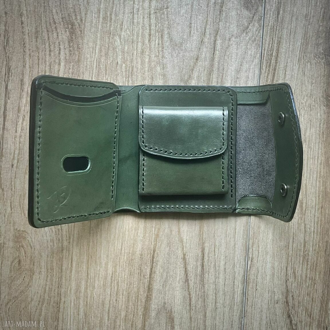 Portfel czarno zielony skóry ręcznie uszyty bilon damski skórzany