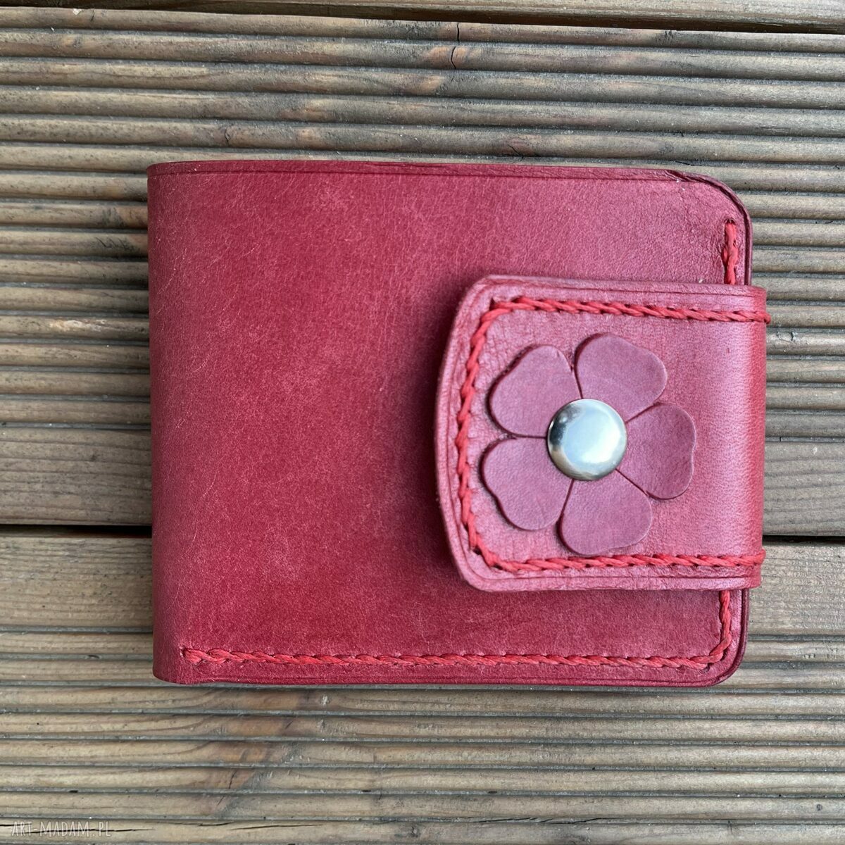 Portfel damski czerwony wykonany skóry bilon ręcznie uszyty