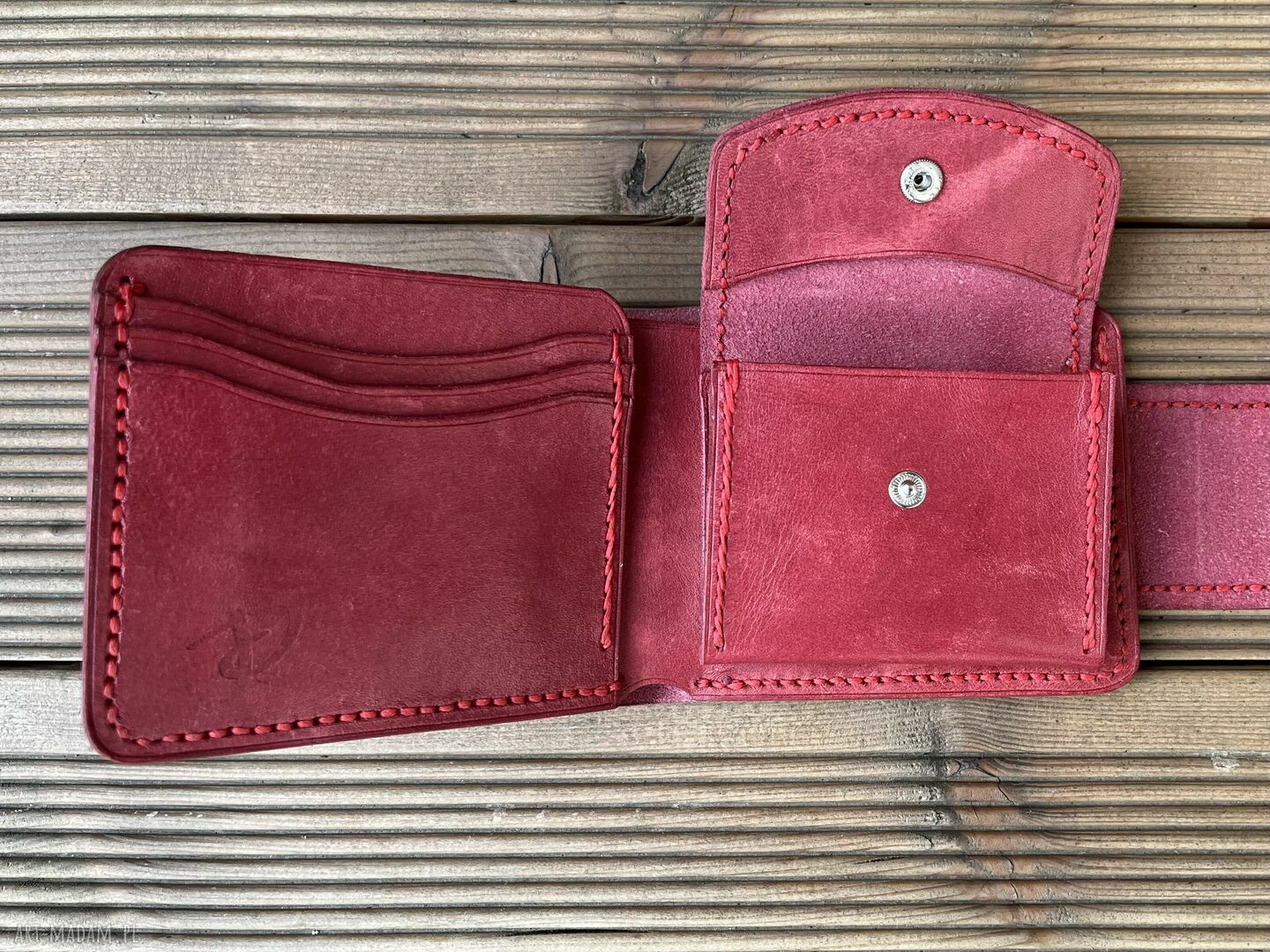 portfele: Portfel damski czerwony wykonany ze skóry na bilon ręcznie uszyty. hand made
