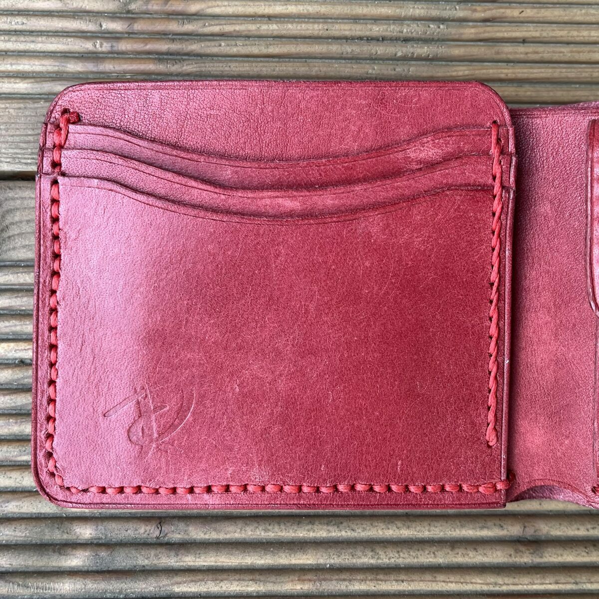 portfele: Portfel damski czerwony wykonany ze skóry na bilon ręcznie uszyty. hand made