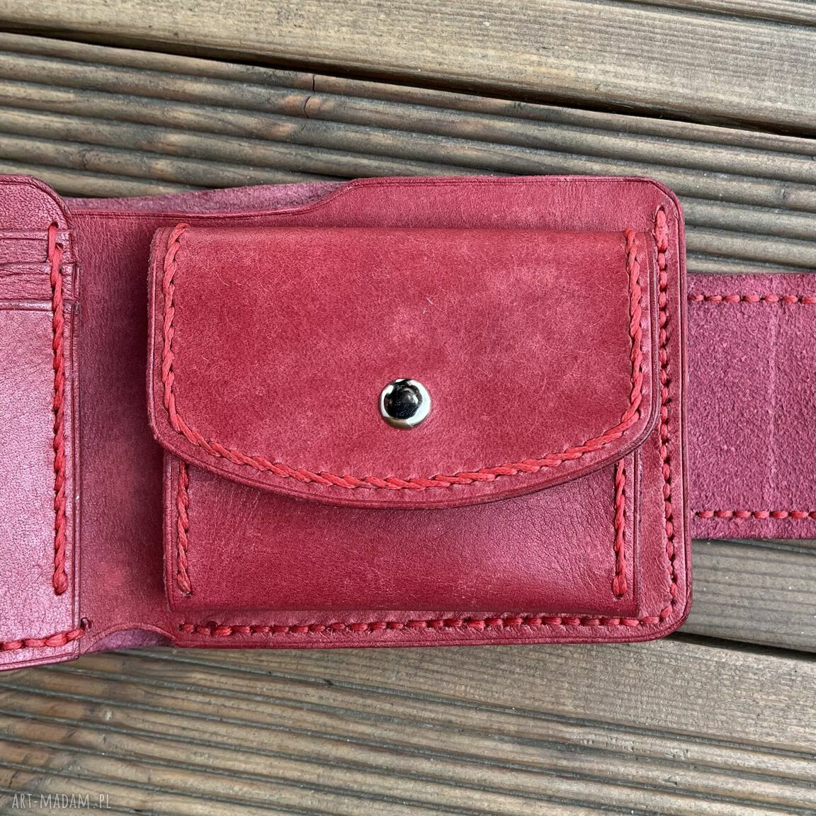 portfele: Portfel damski czerwony wykonany ze skóry na bilon ręcznie uszyty. hand made