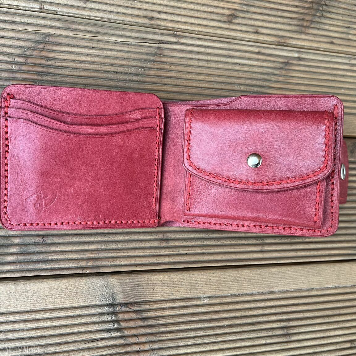 portfele: Portfel damski czerwony wykonany ze skóry na bilon ręcznie uszyty. hand made