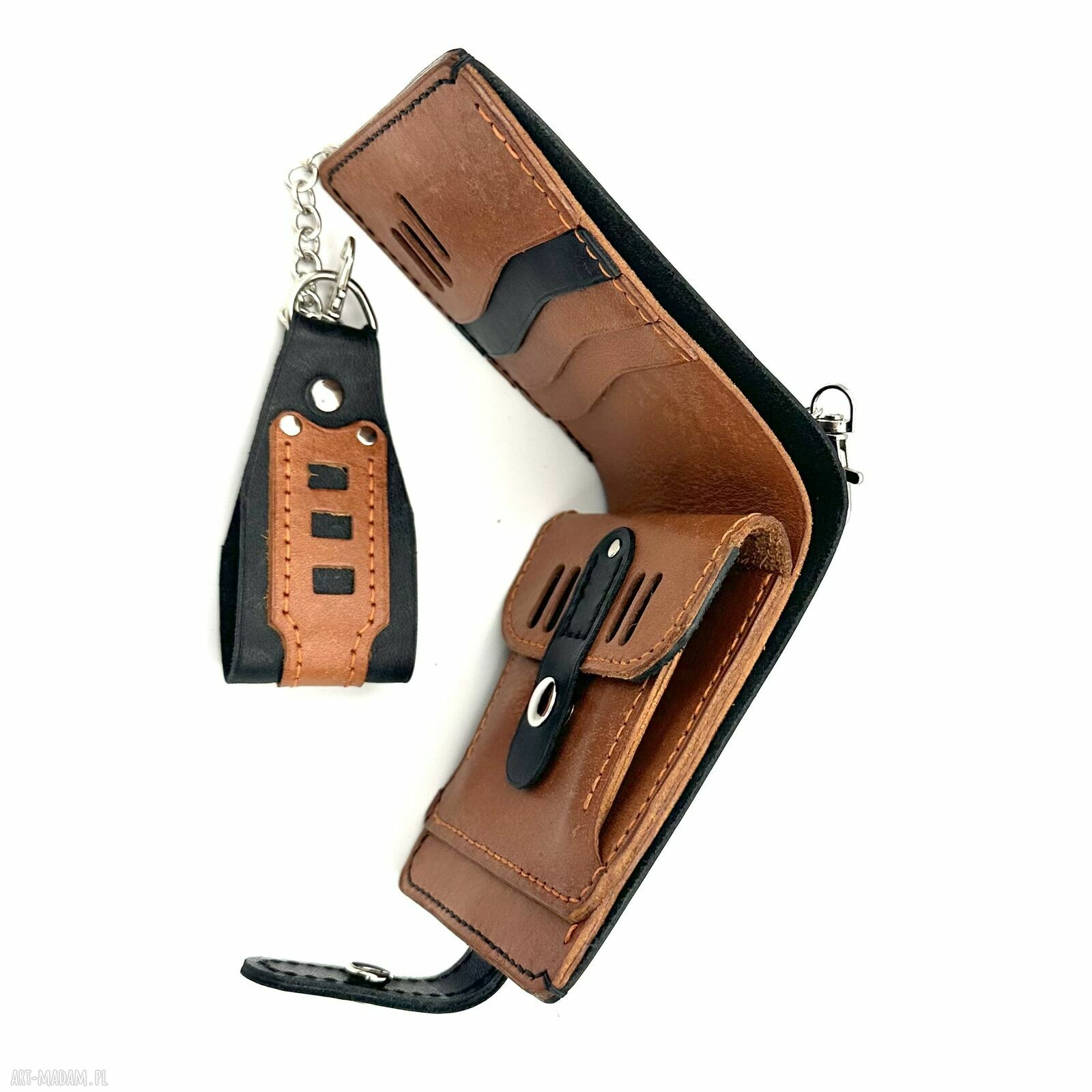 portfele: Portfel czarno brązowy skórzany z łańcuszkiem do paska. Handmade