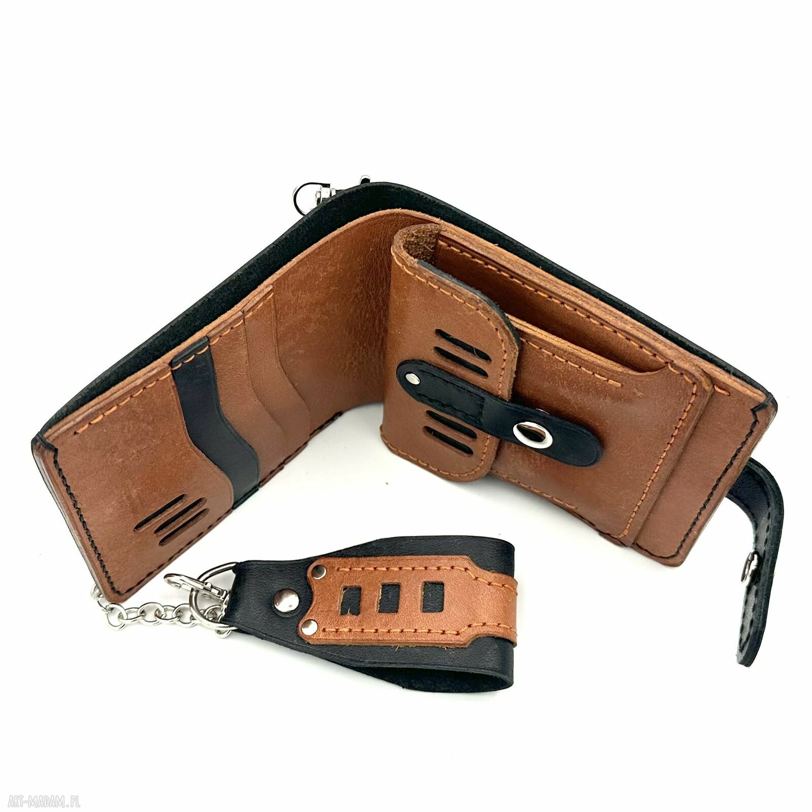 Portfel czarno brązowy skórzany łańcuszkiem paska motocyklisty